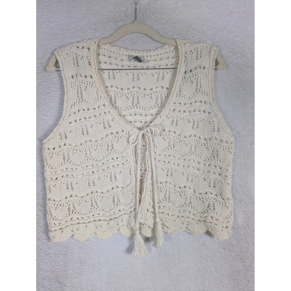 American Eagle Vest Women's Medium Cream Crochet Boho Tie Front Tassel Open Knit